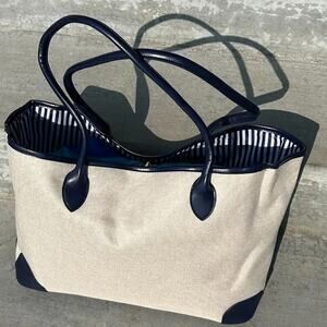 Carryall Tote Bag Beige and Navy Blue